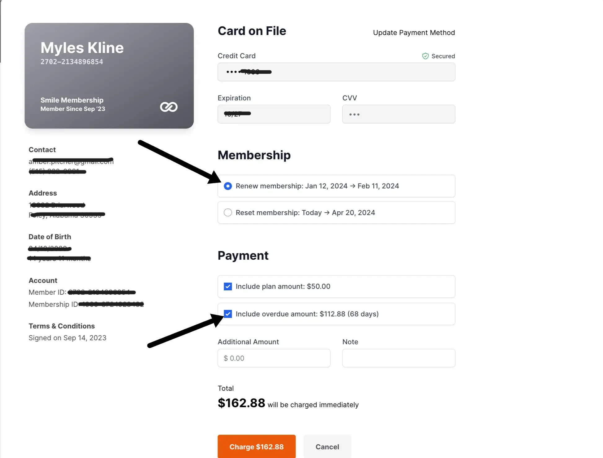 The Manage Membership view for a member