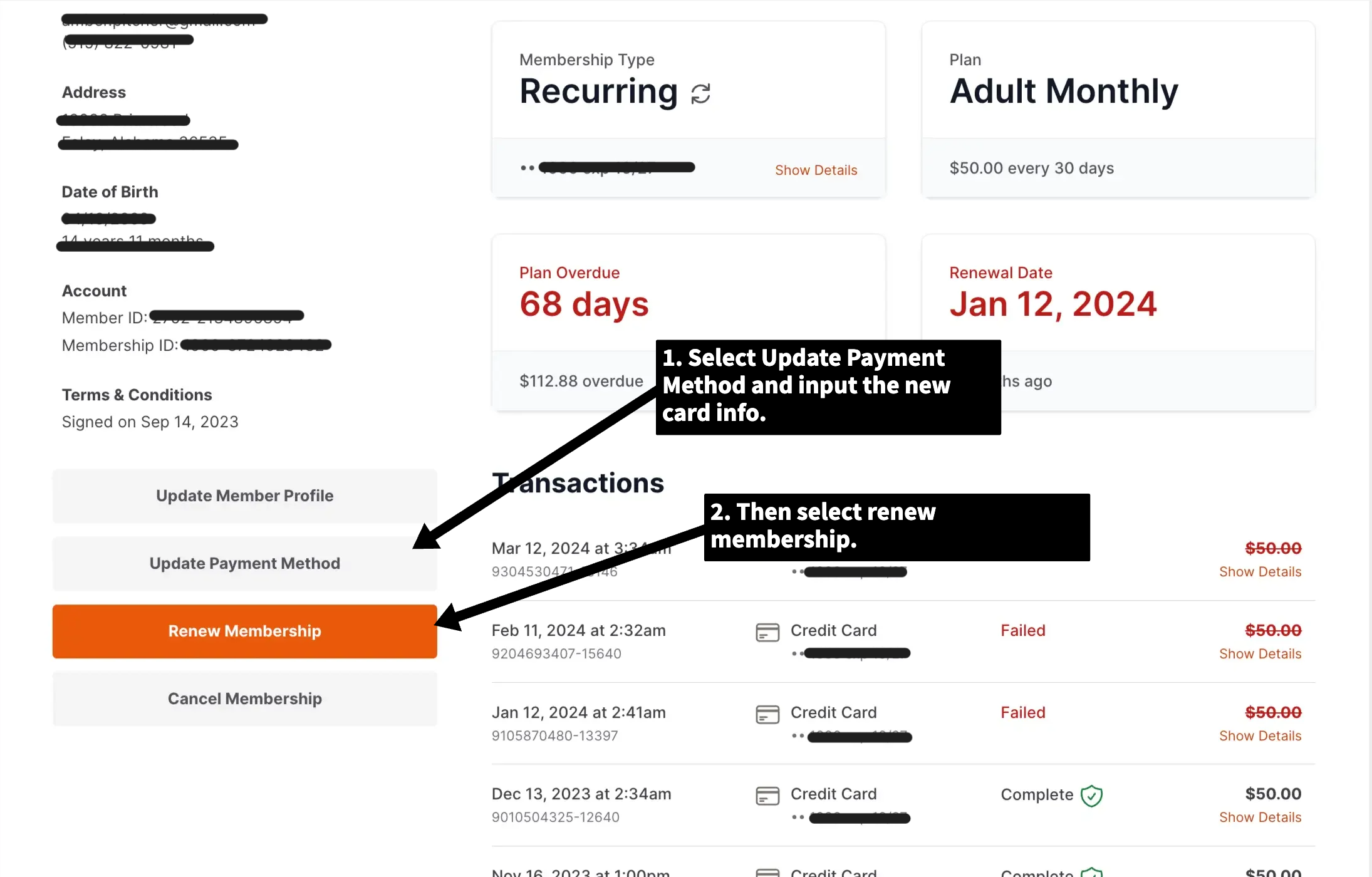 The member details view with the Renew Membership and Include Overdue Amount options