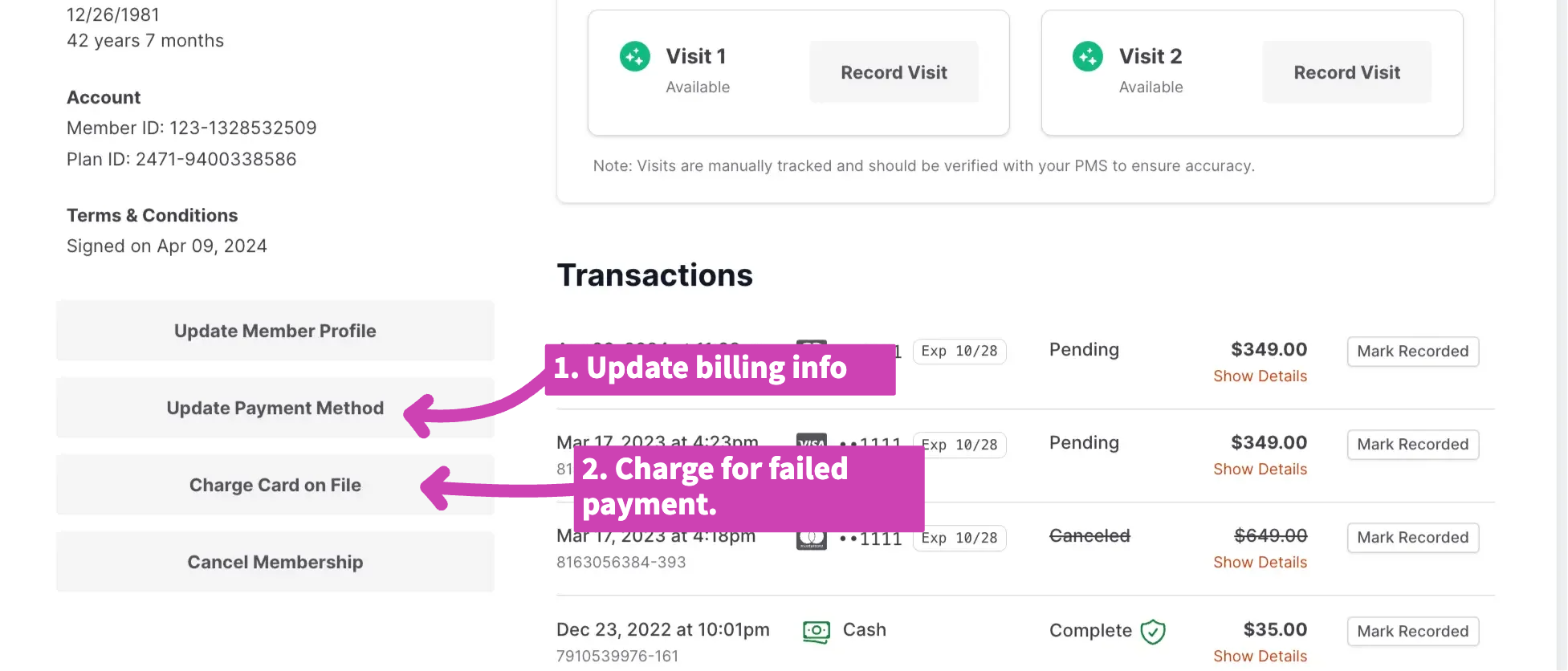 The Update Payment Method and Charge Card on File options on a member profile