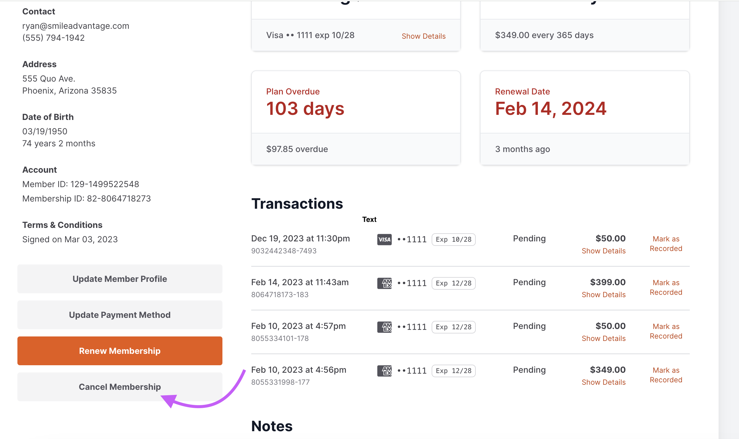 Canceling a membership from the member profile