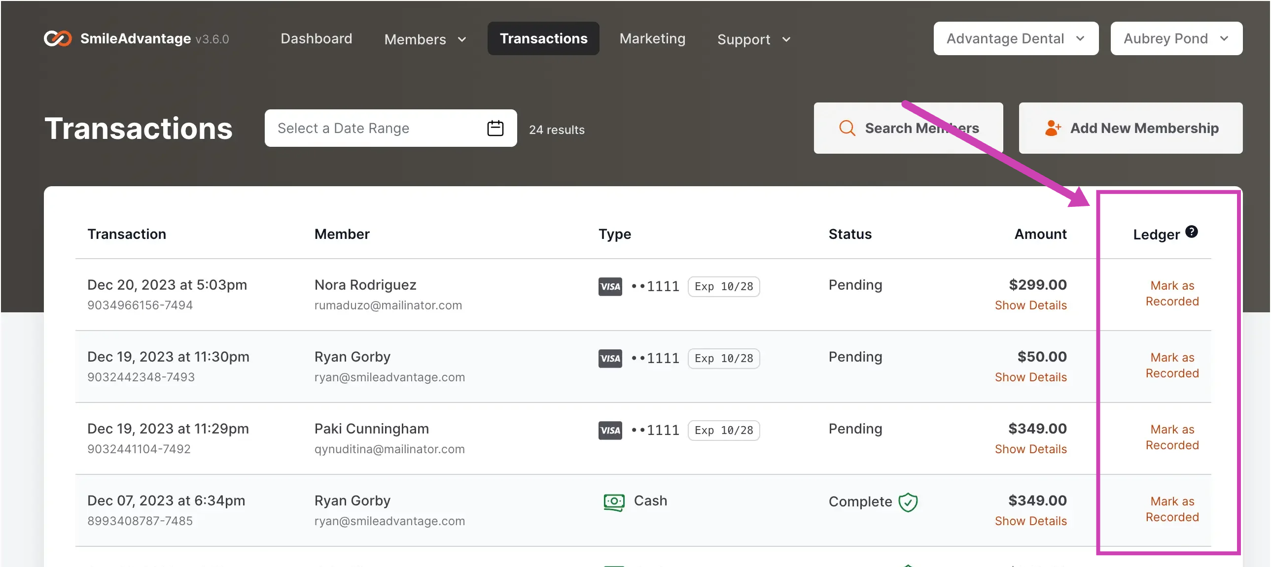 The Ledger column on the Transactions screen