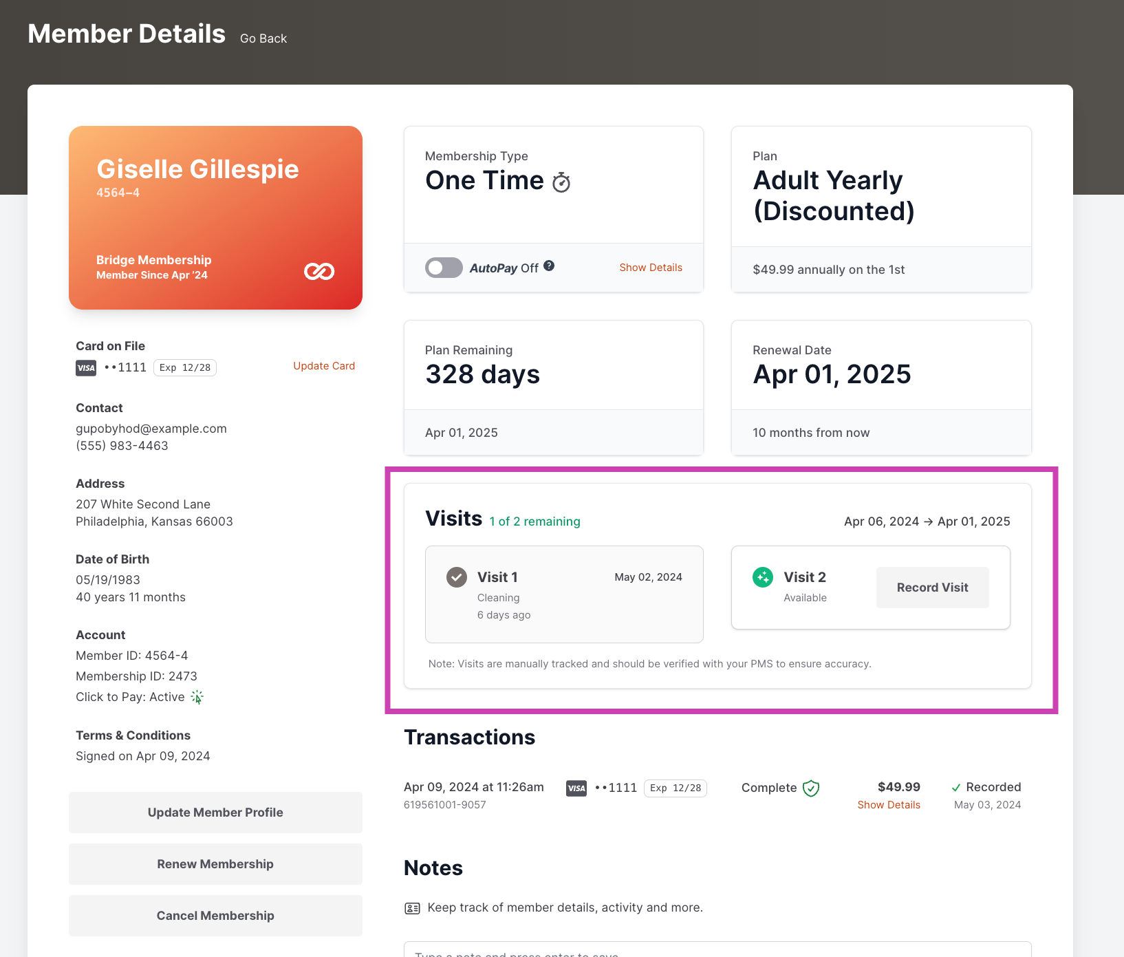 The full Visits screen in the dashboard