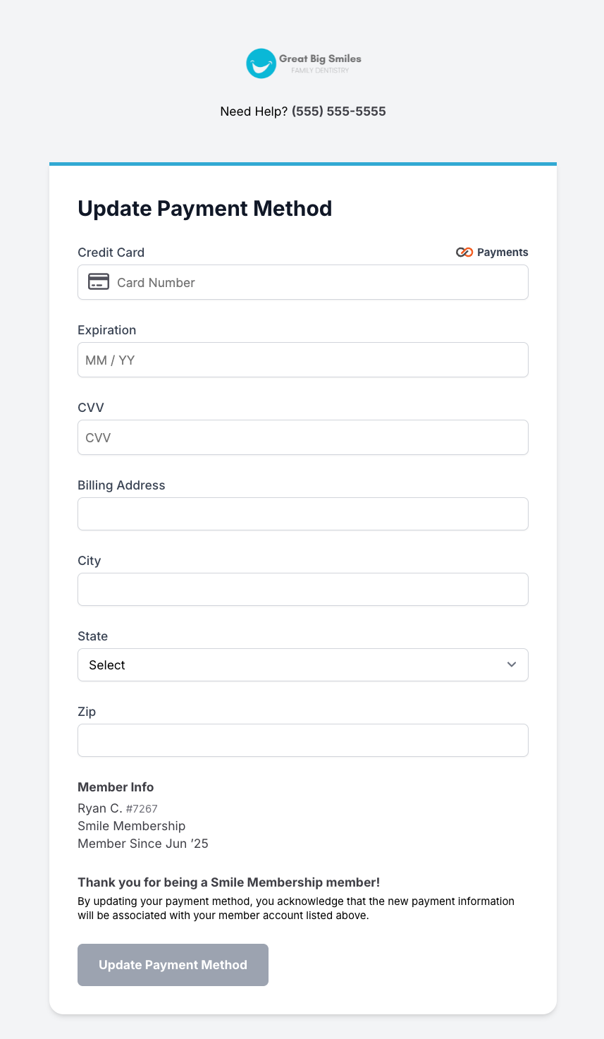 Secure Update Payment form the patient completes